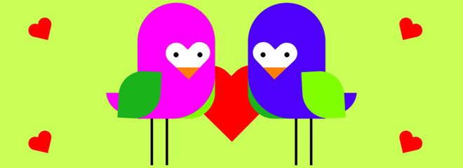 Cute couple love birds with love symbols. Isolated on green background.