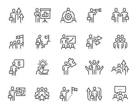 Business People Icons Set. Collection Of Simple Linear Web Icons Such Team, Growth, Idea, Goal, Schedule, Success, Leader And Others Editable Vector Stroke.