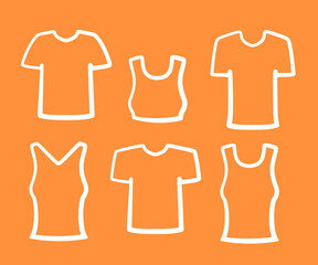 Various T-shirts in the background. Collection. Vector illustration.