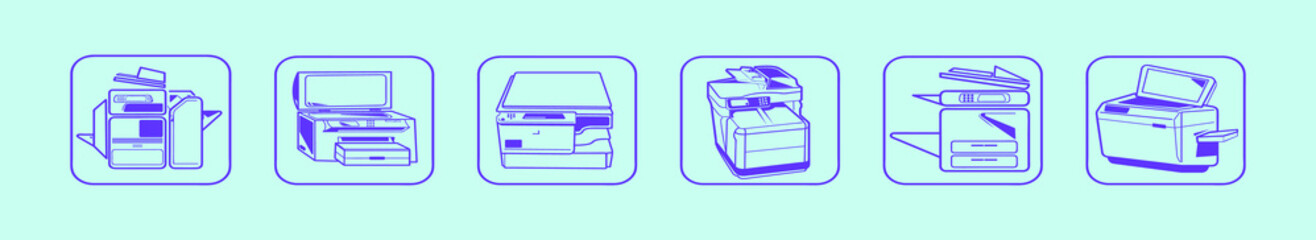 set of photocopier cartoon icon design template with various models. vector illustration isolated on blue background