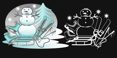 Composition of a snowman, a pair of skates, a pair of skis, a sleigh, made in two versions, color and black and white. Vector illustration.