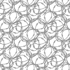 Gray metallic barbed wire isolated on white background. Monochrome seamless pattern. Vector flat graphic hand drawn illustration. Texture.