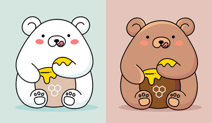 Vector illustration of two cute happy bear eating honey from paw on color background