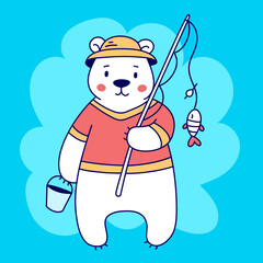 Vector illustration of cute white bear in red t-shirt and hat with fishing rod and bucket