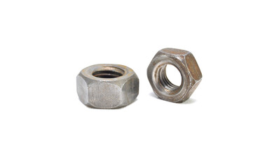 Rusty nuts on a white background close-up. steel, thread, fasteners
