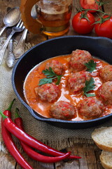 Meatballs in a ceramic plate with beer on a wooden table