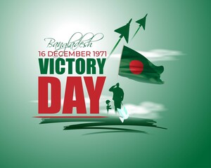 Vector illustration for Bangladesh victory day, national day, soldiers, flag hoisting, pigeon, mountain on abstract background with patriotic color theme.