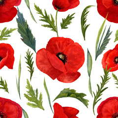 Seamless texture of watercolor summer meadow flowers - poppies and herbs. Bright floral print with natural elements on white background