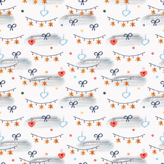 Seamless texture of watercolor christmas elements. Bright New Year's print with garlands, bows and spots - 398505726