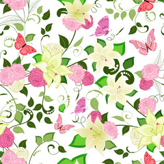 ornate floral seamless texture with lilies, roses and butterflie