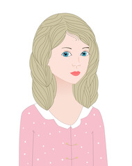 pretty girl with blue eyes, wavy blonde hair in pink shirt with