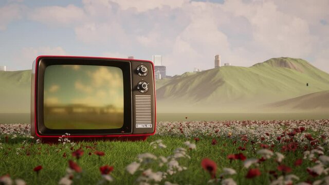 Vintage TV set in the middle of the field small camera move snow sun set 3d animation flowers and nature butterflies and white clouds Vintage TV set in the middle of the field