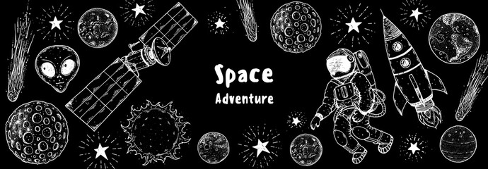 Hand drawn space vector illustration. Planets, rocket, satellite, cosmonaut illustration. Space elements. Hand drawn sketch