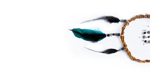 Banner on a white background with space for text on the left. A unique dream catcher made of willow...