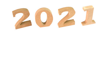 2021 new year greeting card. 2021 wooden numbers, isolated on white background.