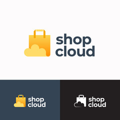 Shop Cloud Abstract Sign, Symbol or Logo Template. Paper Bag with Cloud Icon and Typography. Shopping and Delivery Emblem Concept. Isolated