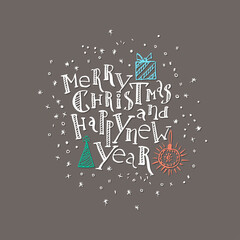 Hand drawn christmas card with lettering, snowflakes on grey background.