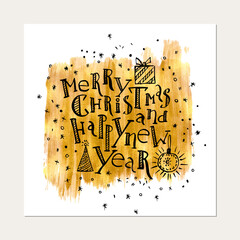 Hand drawn christmas card with lettering, snowflakes on gold background.
