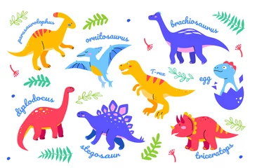 Zelfklevend Fotobehang Dinosaurussen Verschillende dinosaurussen - set karakters in platte ontwerpstijl