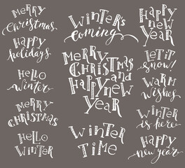 Set of hand written winter greetings for christmas cards, tags. Merry Christmas, happy new year, hello winter.
