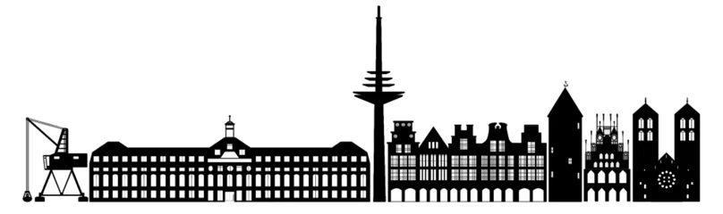 Münster Westfalen Silhouette verschiedener Sehenswürdigkeiten (Dom, Prinzipalmarkt, Hafenkran, Schloss, Buddenturm, Rathaus, Fernmeldeturm). Vektorgrafik, beliebig skalierbar.   © Christian