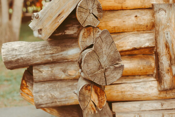 a hut made of round logs, crooked logs