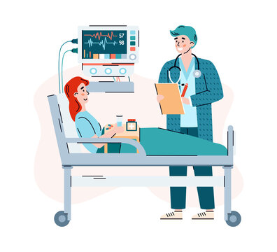 Attending physician visits the patient in the hospital ward, flat cartoon vector illustration. Doctor and patient in hospital interior with modern equipment.