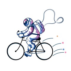 Funny astronaut riding bike in space. Man in spacesuit exercising on bicycle. Space exploration fun entertainment vector illustration. Cosmonaut in universe, stars and planets © backup_studio