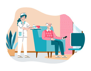 Doctor care elderly man in nursing home. Female nurse brought food for male senior watching tv. House for gerontology assistance for happy retired. Vector illustration