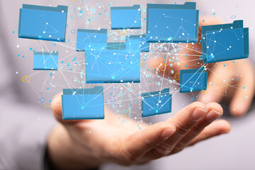 Data cloud storage network from lines, triangles and particle style design.