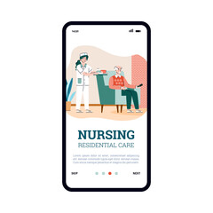 Onboarding page design of elderly nursing residential care services. Mobile app screen template with nurse serving to nursing home resident, flat vector illustration.