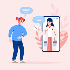 Remote online medical help for female patient with stomach pain, disease of digestive system. Medicine, doctor consultation and treatment via internet. Vector illustration.
