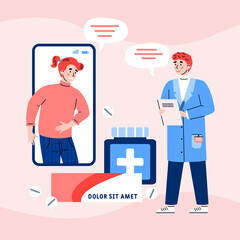 Online medicine chat of male doctor and female patient with abdominal pain. Distance medical consultation, prescription, treatment diseases of digestive system. Vector illustration