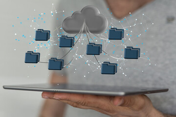 Data cloud storage network from lines, triangles and particle style design.