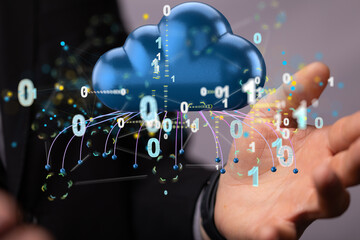Data cloud storage network from lines, triangles and particle style design.
