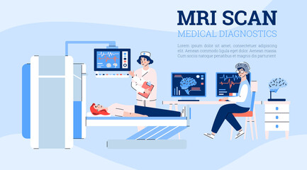 MRI scan medial diagnostic method banner with cartoon characters of doctors and patient, flat cartoon vector illustration. Body health and diseases diagnosis with MRI.
