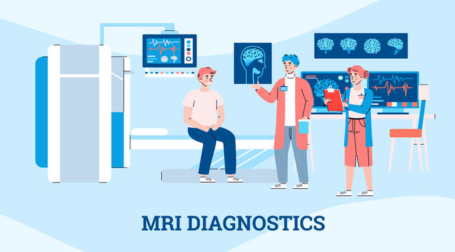 Doctor and nurse explaining patient results brain mri scan. Consultation and medical diagnosis using mrt, magnetic resonance tomography technology in hospital clinic. Vector banner