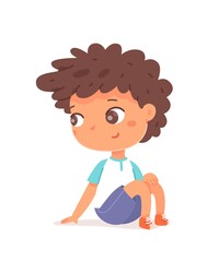 Happy boy sitting and looking. Joyful smiling thoughtful child on floor. Positive emotion and fun vector illustration. Cute cheerful little kid in good mood on white background