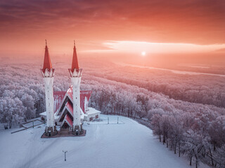 Aerial drone view of the famous landmark of Ufa and Bashkiria - Lala Tulip mosque during sunset in...