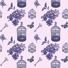 Vintage seamless pattern. Lilac flowers, birds, butterflies, cages, leaves, keys