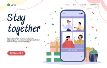 Stay together concept of virtual conference and online party for web, flat cartoon vector illustration. Virtual party in isolation website banner template.