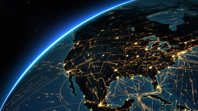 Bright connections forming a network from United States to Europe. This video can be used to represent concepts like technology, social networks, communication, air and sea transportation.