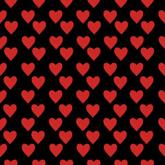 Fototapeta na wymiar Red hearts seamless pattern with diagonal light stripes on a black background, symmetrical rows of two types of hearts, vector illustration