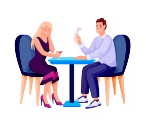 Young woman and man in cafe with cocktails. Two happy people sitting on chairs at table with glasses talking together vector illustration isolated on white