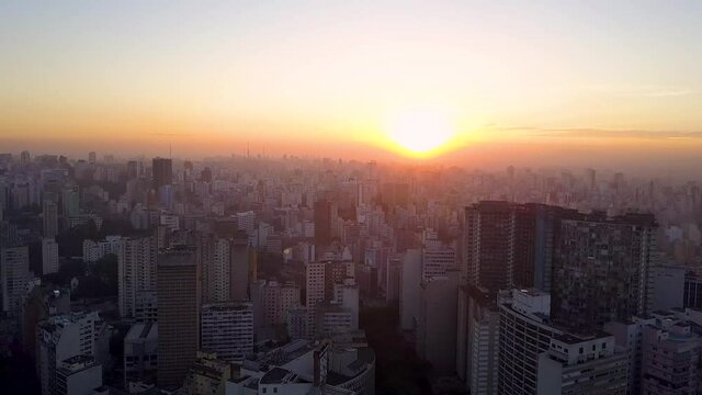 flight over City centre Of Sao Paulo, at sunset