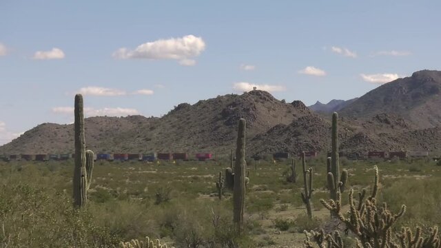 Arizona old west landscape with Saguaro Cactus and Rail freight train passing by - Wide Static shot
