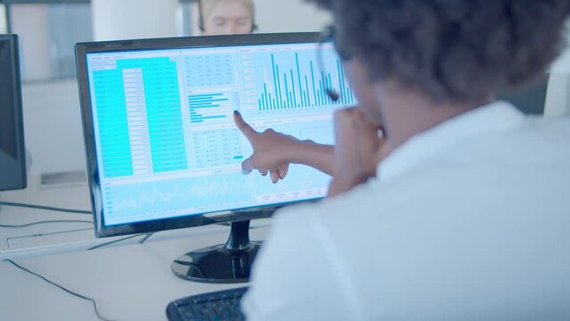 Financial professionals analyzing data. African American woman in headset pointing at monitor with graphs, sitting at workplace in office. Finance or trading concept