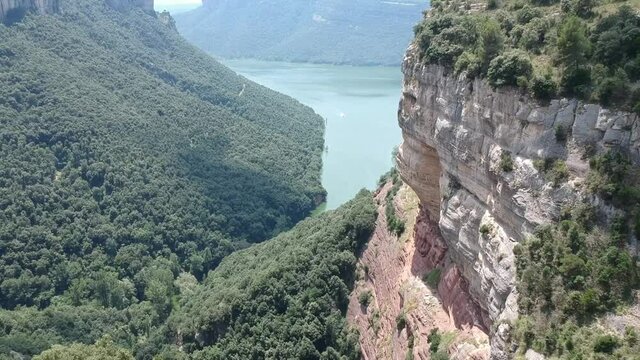Aerial views of Tavertet cliffs in Catalonia and Sau lake