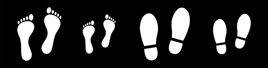 Different human footprints. Baby footprint - stock vector. Shoes for children and adults, adults and children's steps.