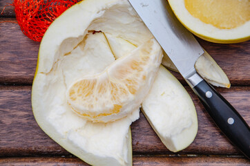 Thai fruit pomelo on table wood. pomelo fruit